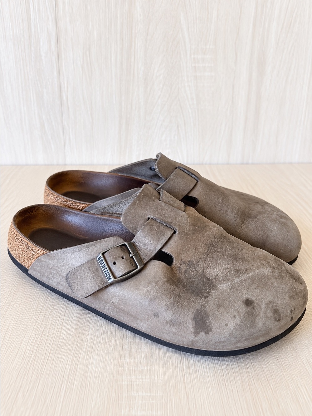 Birkenstock Boston Clogs Gray Taupe Leather Buckle Slip On Shoes Size 44